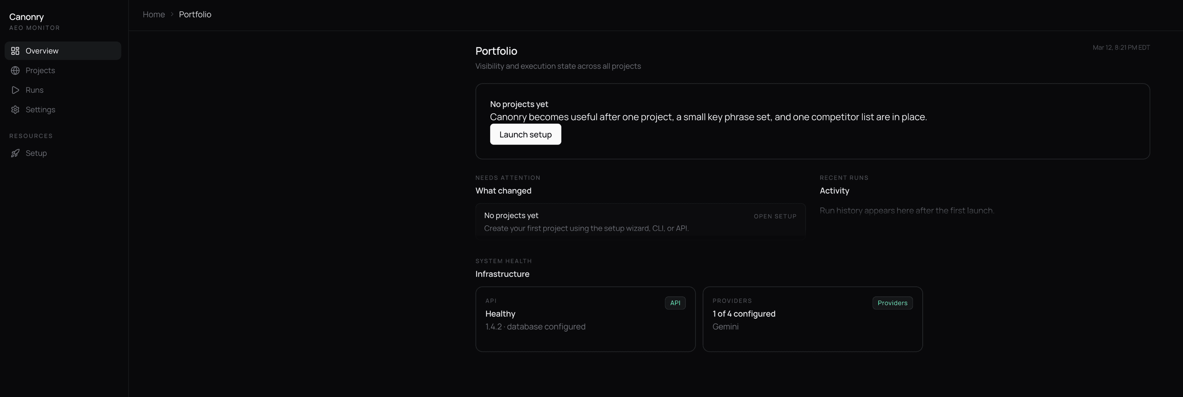 Canonry self-hosted dashboard showing project status, evidence, recent runs, and infrastructure health