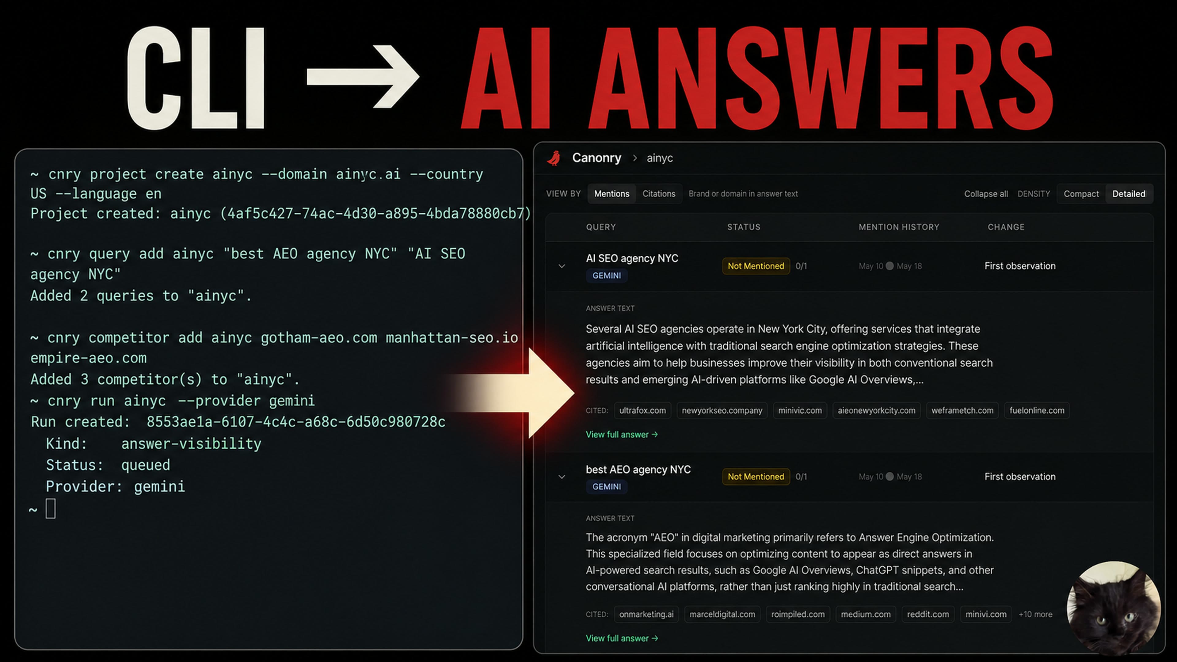 Canonry walkthrough showing the CLI and local dashboard side by side