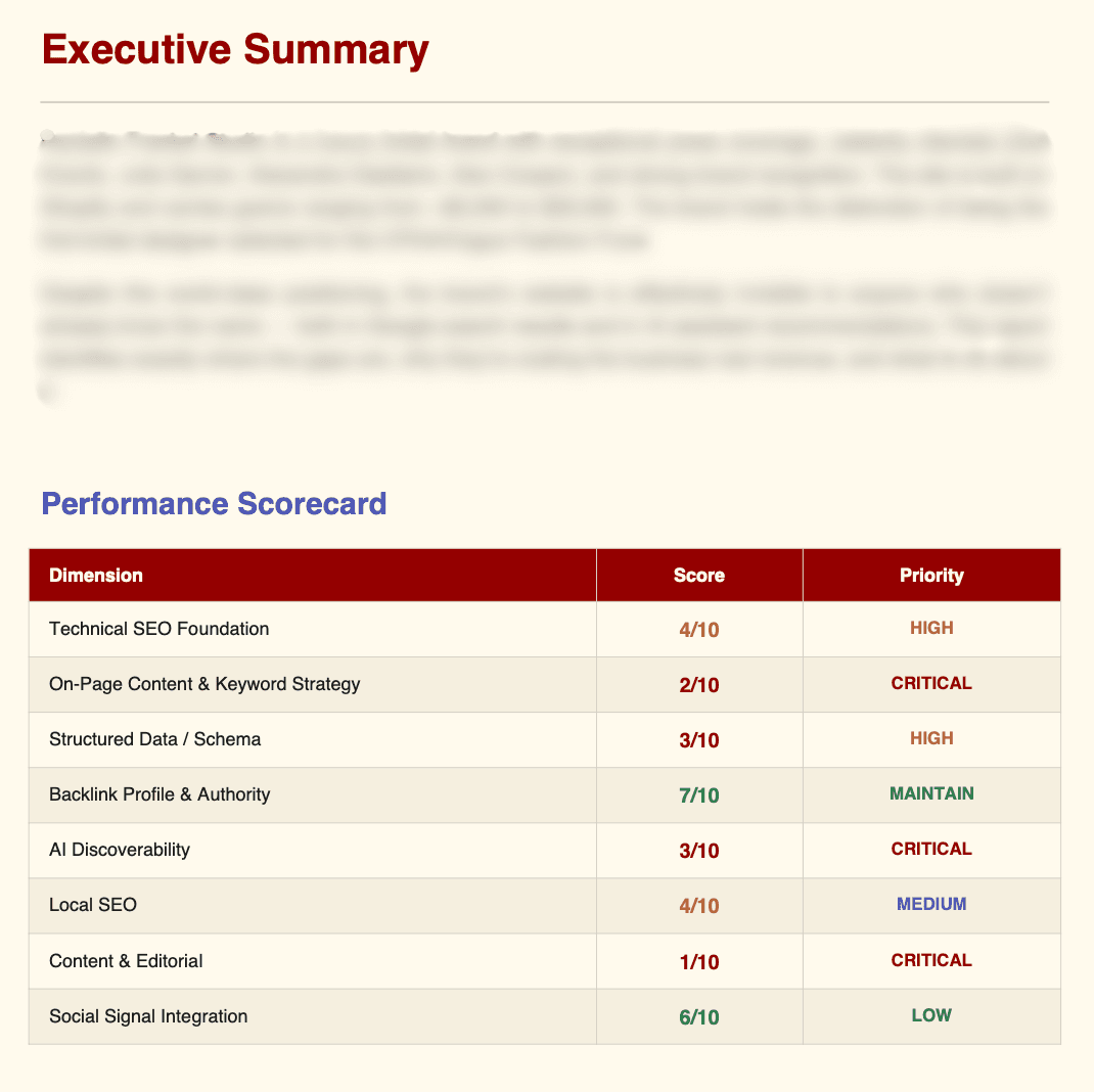 Sample AI Visibility Report showing Executive Summary and Performance Scorecard