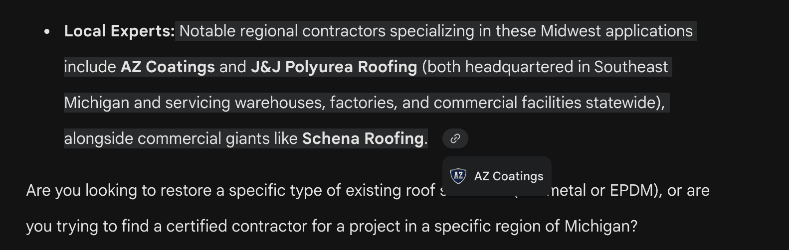 Gemini answer body naming AZ Coatings inline as a notable regional polyurea contractor, with the AZ Coatings logo tooltip visible on the linked citation.