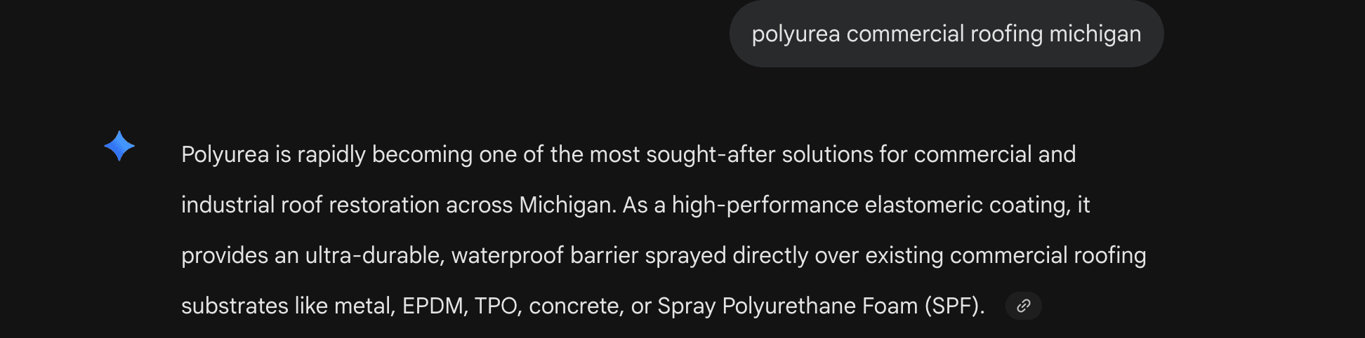 Gemini answer for a polyurea commercial roofing query, describing polyurea as a high-performance elastomeric coating sprayed over existing roofing substrates.